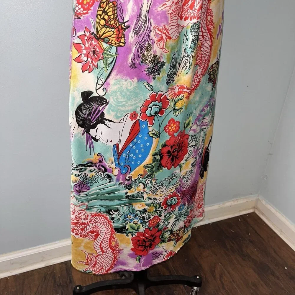 NATORI Iconic vintage GORGEOUS bias satin slip dress nightgown Geisha dragon S
